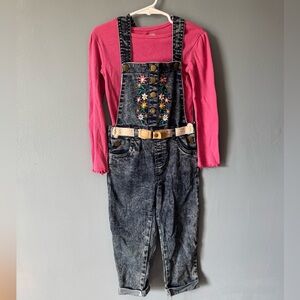 Embroidered Denim Overalls with Pink Top